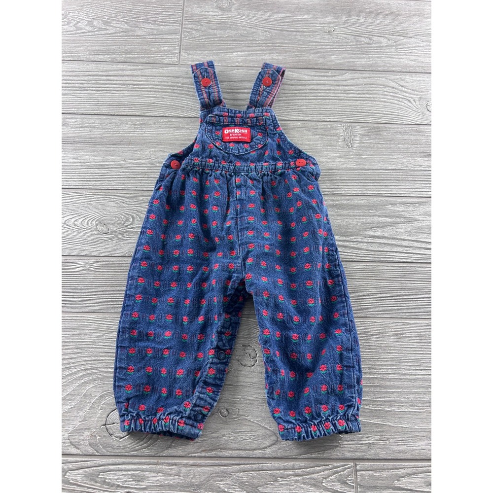 Vintage OshKosh Bgosh Floral Denim Overalls 6-9 Months Blue Red Rose Made in USA